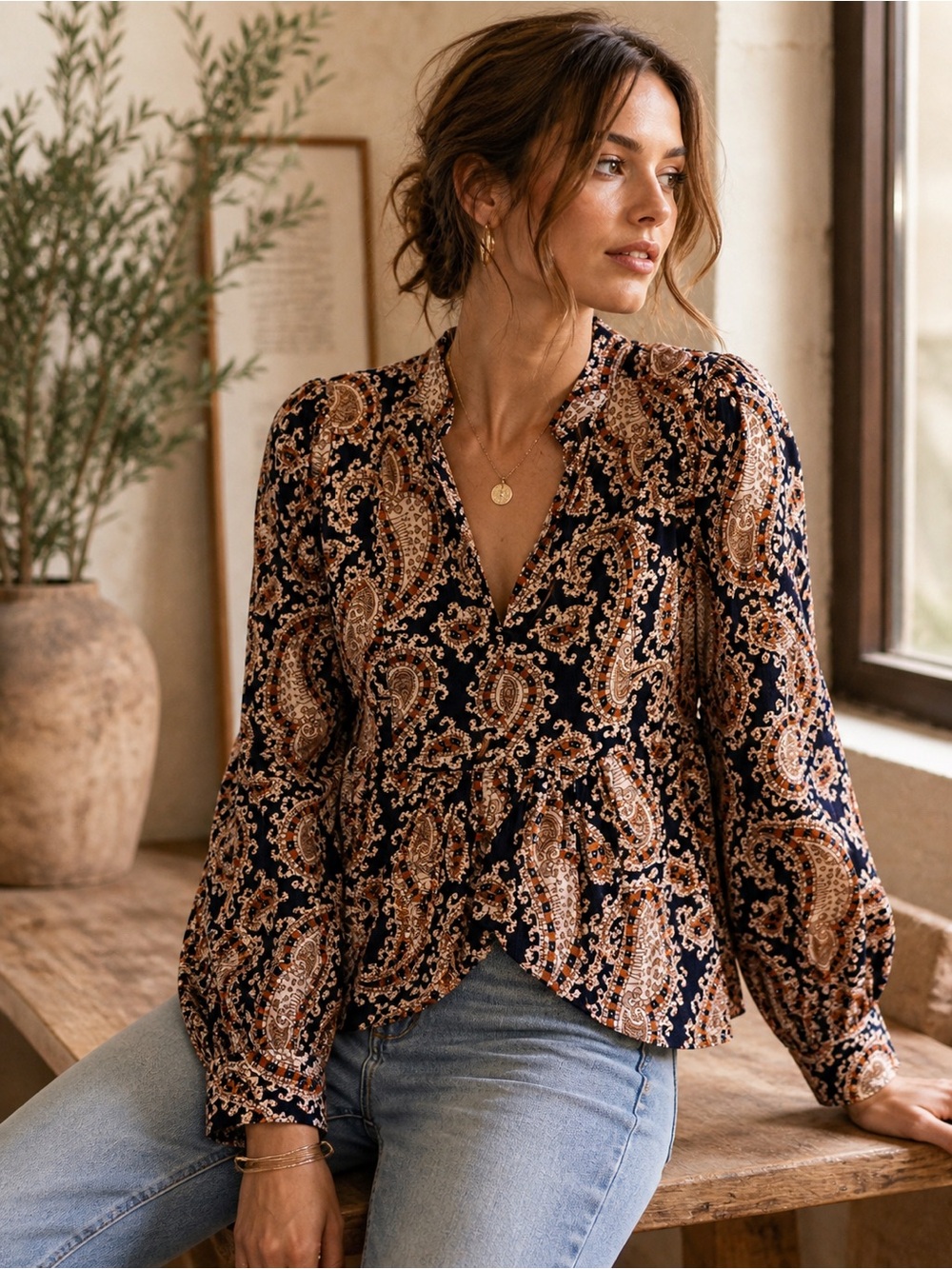 Banana Republic Paisley Boho Blouse XS Navy Rust Peplum Top